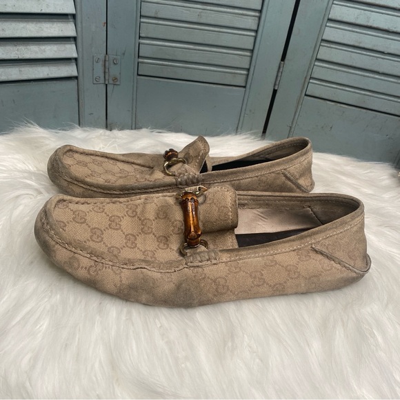 Gucci GG Logo Bamboo Horsebit Driving Loafers Size 12 Brown & Tan - Picture 5 of 9